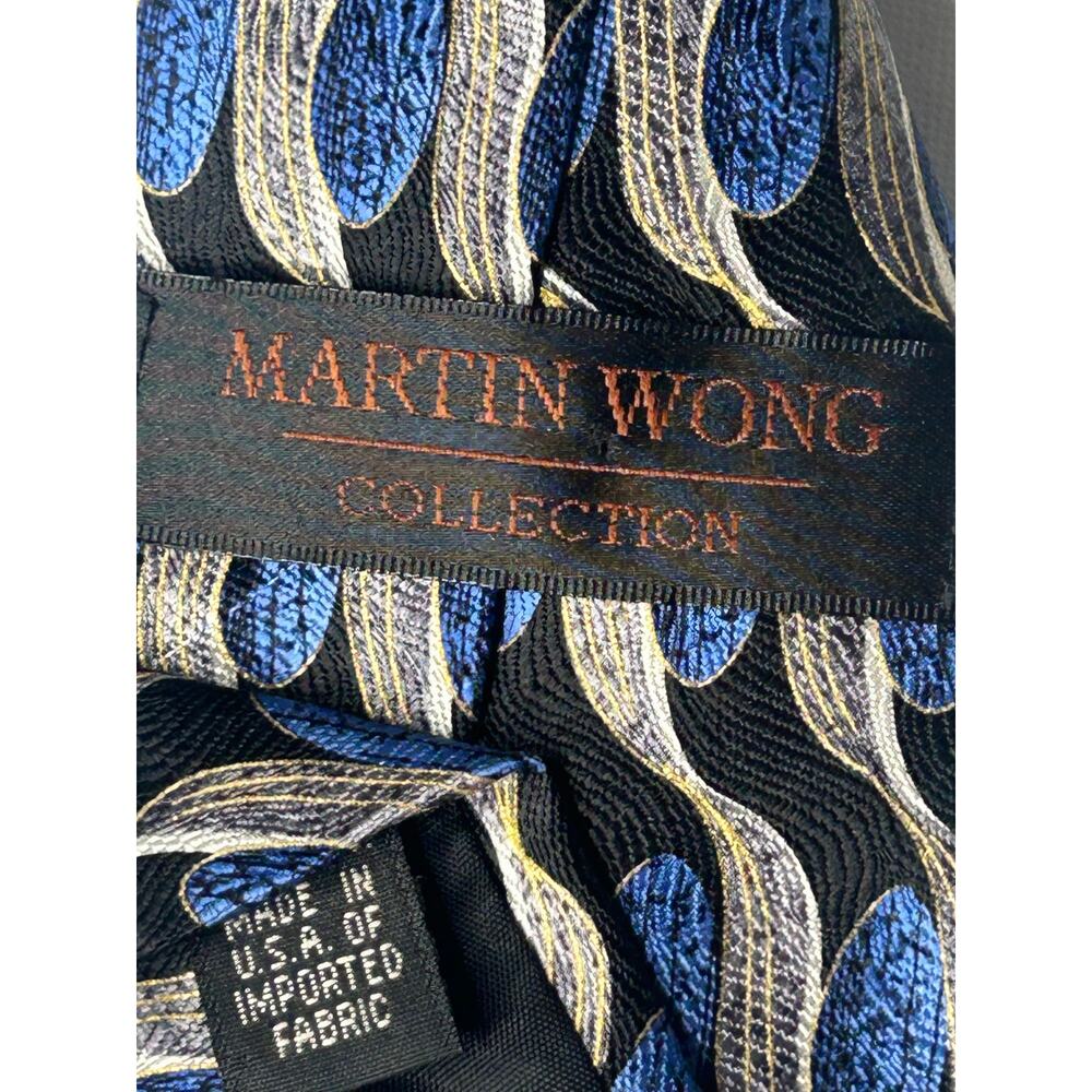 Martin Wong Vintage 100% silk necktie geometric waves metallic gray gold & blue